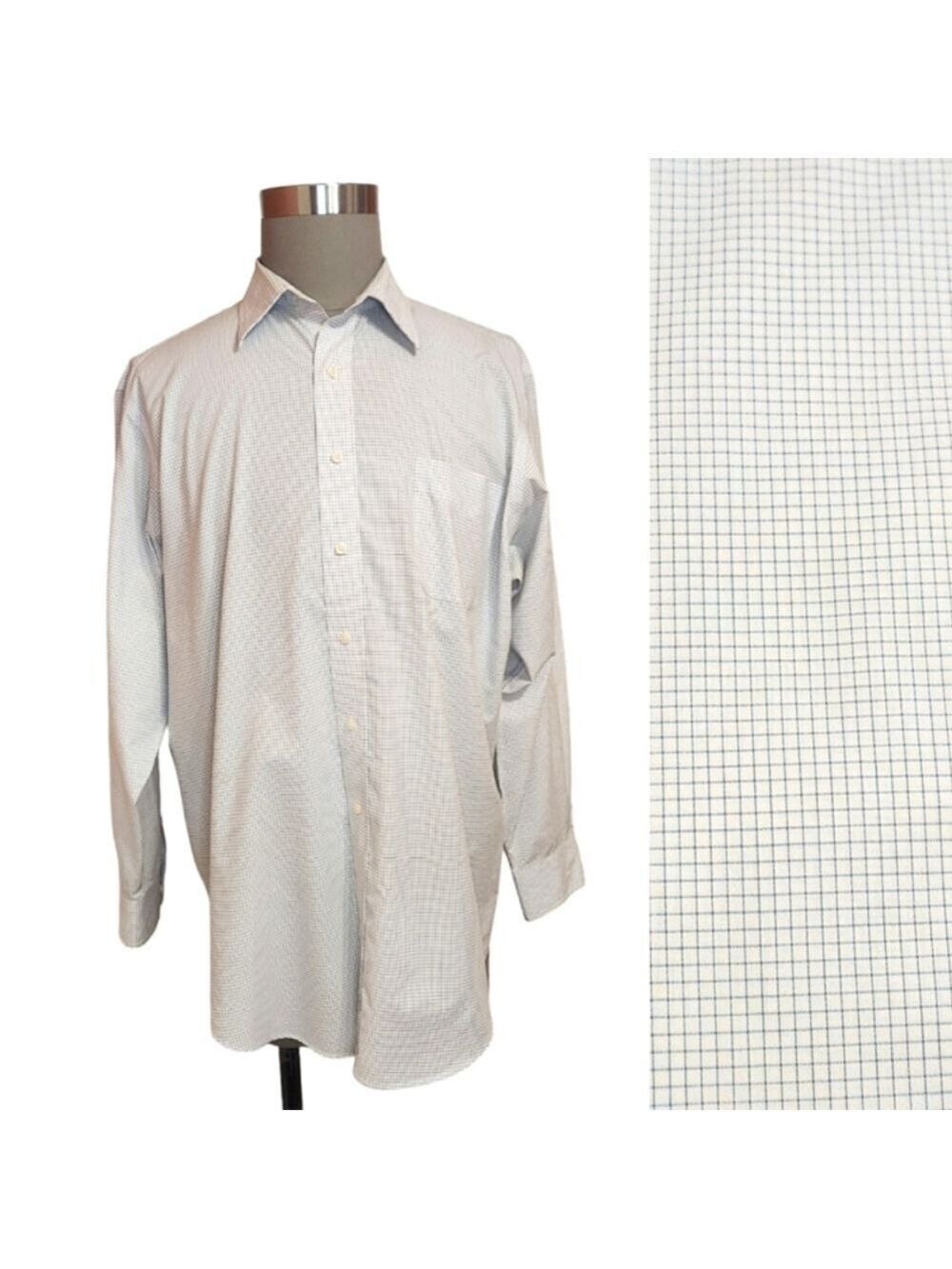 American Living Plaid Button Front Shirt White Blue Neck 17.5